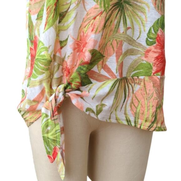 J. Jill Love Linen 100% Linen Floral Short Sleeve Top Side Tie Green Size M Boho - Picture 4 of 10